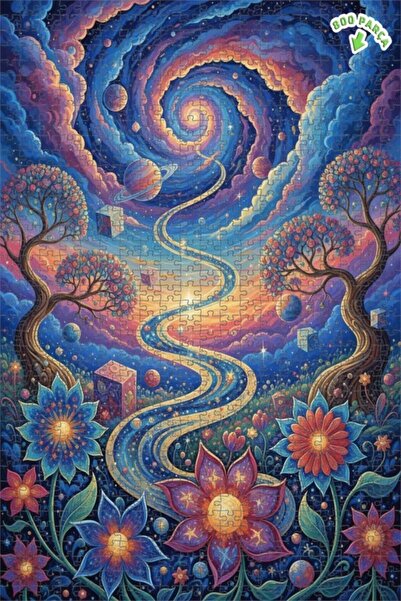 Teona Ahşap لغز خشبي مؤطر ذو طابقين بتصميم لوحة زيتية لرحلة كونية في عالم الخ...