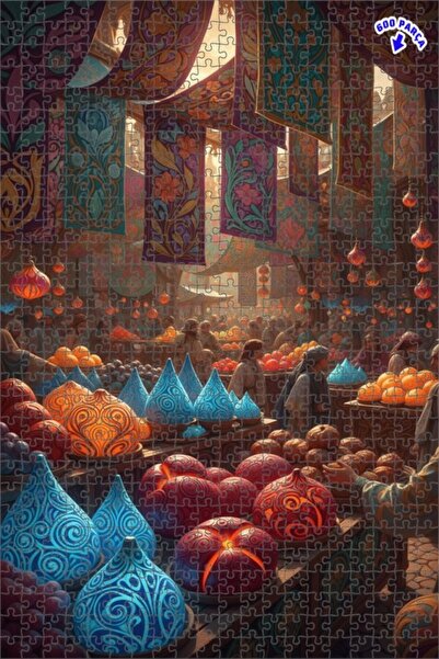 Teona Ahşap لغز خشبي بتصميم سوق خيالي ملون بالزيت 600 قطعة 50x35