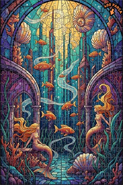 Teona Ahşap لغز خشبي مؤطر ذو طبقتين بتصميم حورية البحر السحرية وفن الزجاج الم...