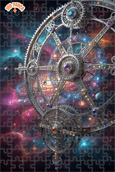 Teona Ahşap Cosmic Clock Mechanism Oil Painting Look Double Layer Framed Wood...