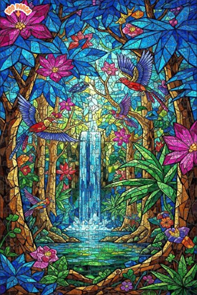 Teona Ahşap لغز خشبي مؤطر من طبقتين بتصميم طيور الجنة الاستوائية وشلال زجاجي ...