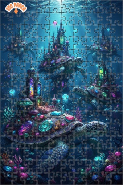 Teona Ahşap Fantastic Sea Castle Turtles Oil Painting Double-Layer Framed Woo...