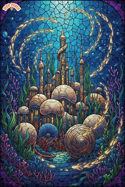 Teona Ahşap Mermaid Palace Stained Glass Look Wooden Puzzle Double Layer Fram...