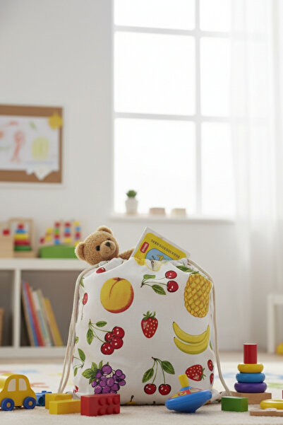 Mislina Home Organik Pamuk Meyve Desenli Çok Amaçlı Bez Çanta | Ekmek - Market - Oyuncak -Poşetlik Torbası 35x40