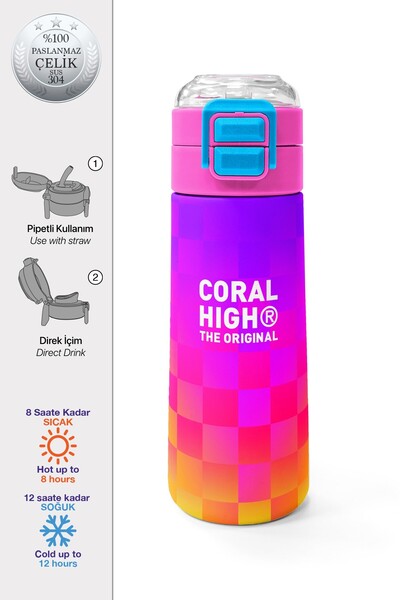 Coral High Kids Neon Colorful Checkered Patterned Steel Thermos with Straw an...