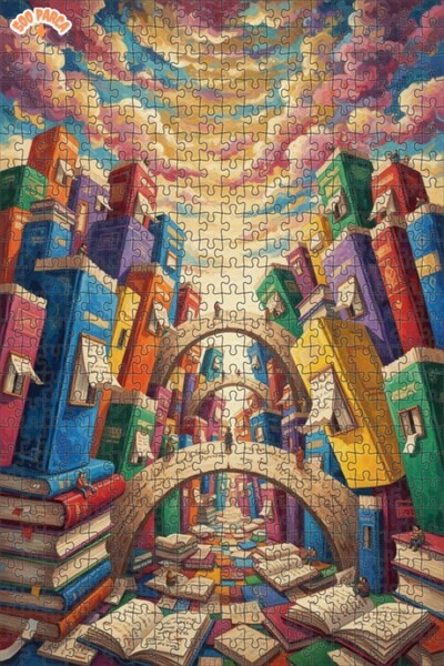 Teona Ahşap Fairy Tale Book Town Oil Painting Look Double-Decker Framed Woode...