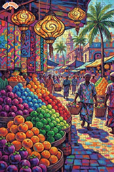 Teona Ahşap Vibrant Colors Market Oil Painting Look Double Layer Framed Woode...