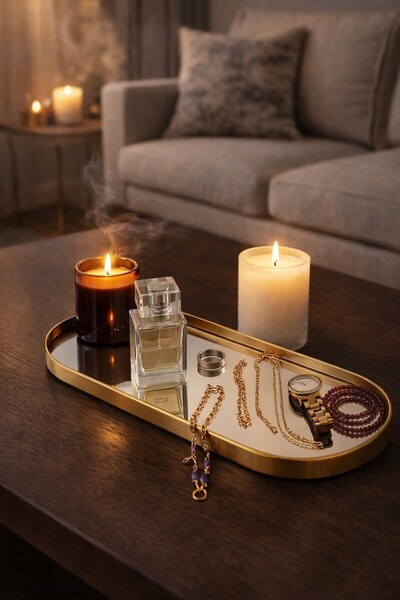 Arma House Gold Metal Çerçeveli Oval Aynalı Dekoratif Tepsi&Konsol Süsü&Şık M...