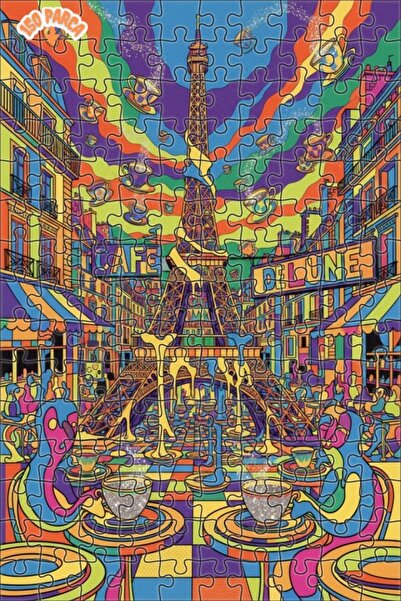 Teona Ahşap Parisian Cafe Dream Colorful Line Art Double Layer Framed Wooden ...