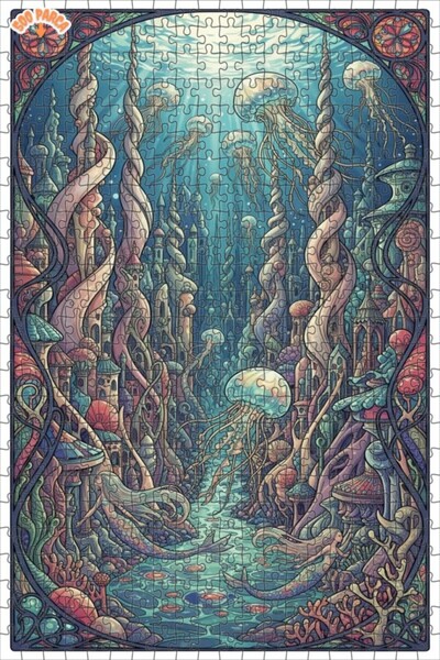 Teona Ahşap Mermaid City Jellyfish Art Print Double Layer Framed Wooden Puzzl...