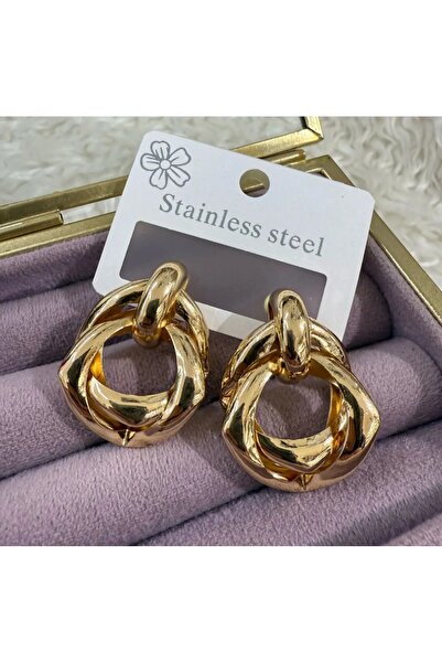 stainless steell gold renk düğüm halka model sallantılı çelik küpe