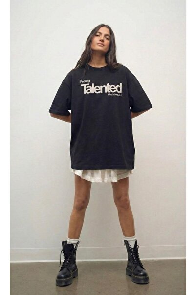 GUMMORE COLLECTİON Talented Baskılı T-shirt, %100 Pamuk Oversize Bisiklet Yak...