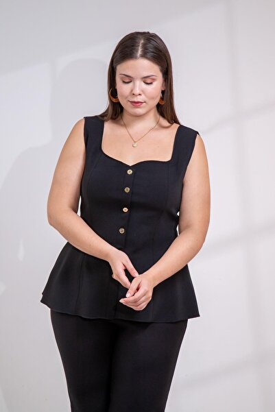 Roxxlen Γυναικεία μπλούζα με τετράγωνο λαιμό και βολάν σε μεγάλο μέγεθος, μαύρη