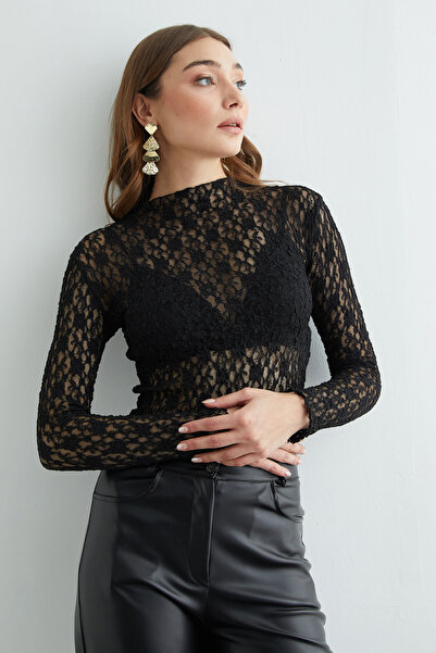 Fulla Moda Dantelli Mock Neck Transparent Blouse