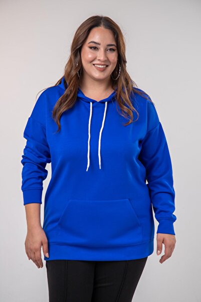 Roxxlen Kadın Büyük Beden Önden Cepli Kapüşonlu Sweatshirt