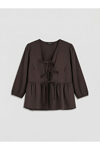 LC Waikiki Brown v-neck bow tie blouse