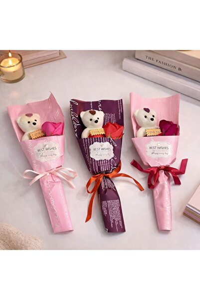 LOVE Aranjamet Decorativ Buchet Trandafir din Sapun cu Ursulet 35cm