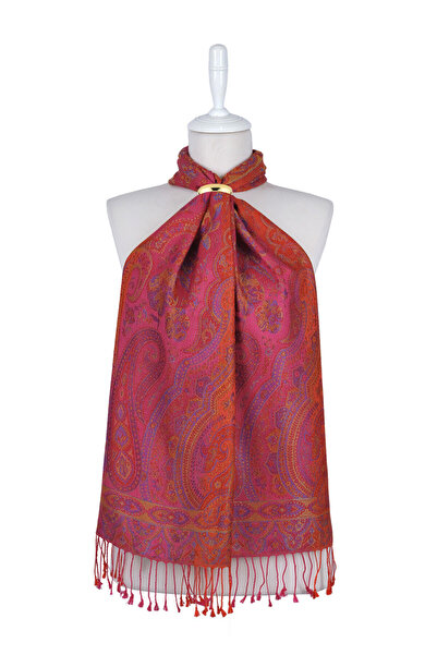 Bursa İpek Fuchsia Yellow Jamawar Woven Silk Scarf