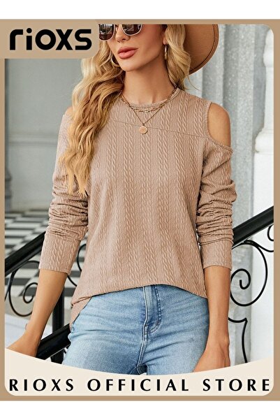 RIOXS Women's Cold Shoulder Long Sleeve Shirts, Casual Loose Fit Round Neck P...