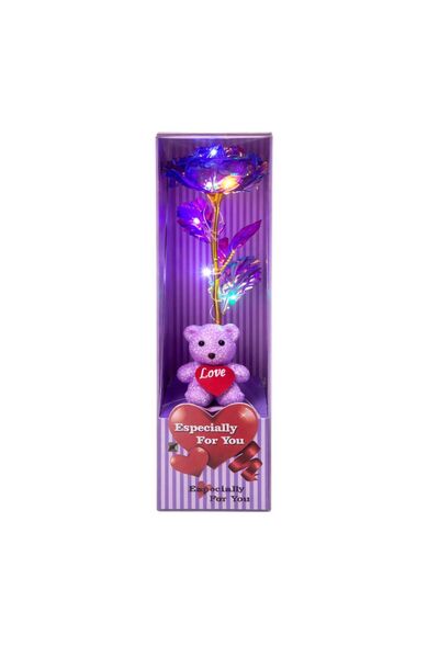 LOVE Trandafir Cristalizat , cu Lumină LED Multicoloră 24cm, cu Ursulet 5cm, ...