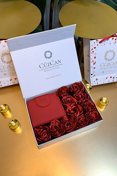 CüzCan صندوق هدايا فاخر - محفظة نسائية من الجلد الطبيعي باللون الأحمر من ميوس...