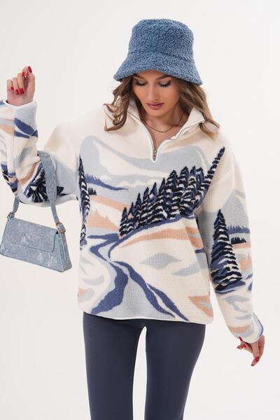 ŞİMAL Women's Patterned Plush Sweatshirt with Zipper Detail on the Collar 255...