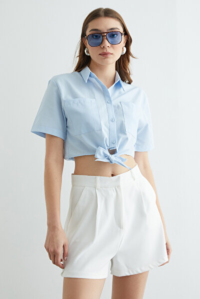 Fulla Moda Double Pocket Tie Front Crop Shirt