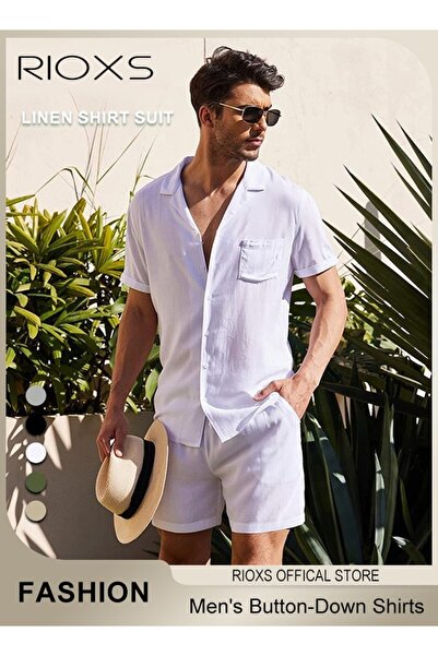 RIOXS طقم صيفي رجالي من قطعتين، قميص فضفاض بأكمام قصيرة وأزرار أمامية مع شورت...
