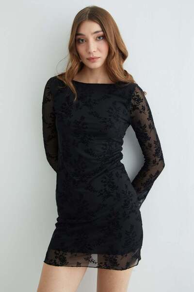 Fulla Moda Velvet Detailed Mini Length Transparent Dress