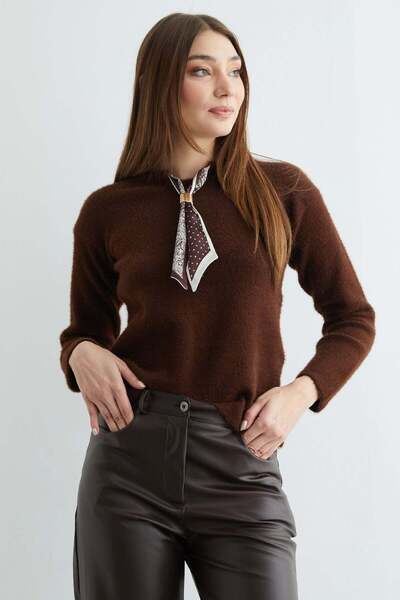 Fulla Moda Scarf Detailed Crew Neck Bearded Knitwear Sweater