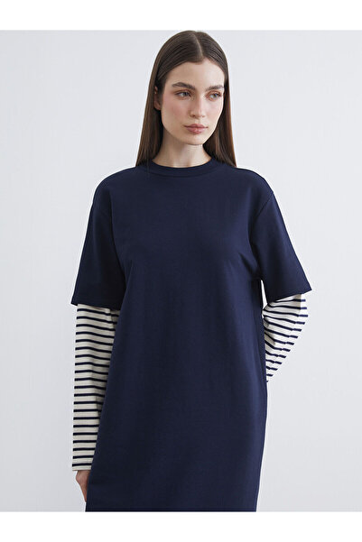 LC Waikiki Navy Blue Crew Neck Striped Sweat Dress