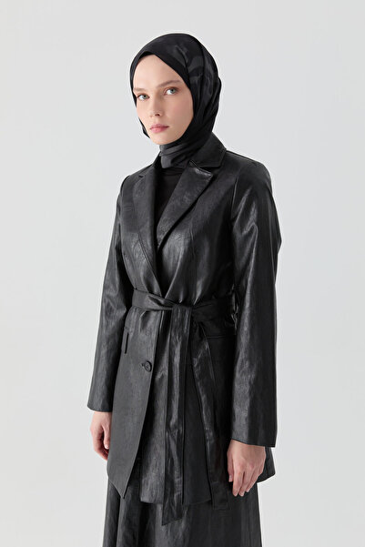 Tuğba Kuşaklı Deri Ceket - Siyah