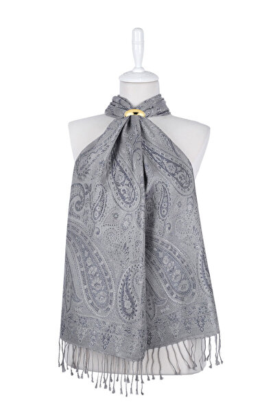 Bursa İpek Gray Navy Blue Jamawar Woven Silk Scarf