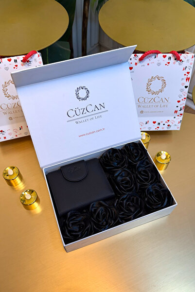 CüzCan Premium Gift Rose Box - Miosa Black Genuine Leather Women's Wallet Bla...