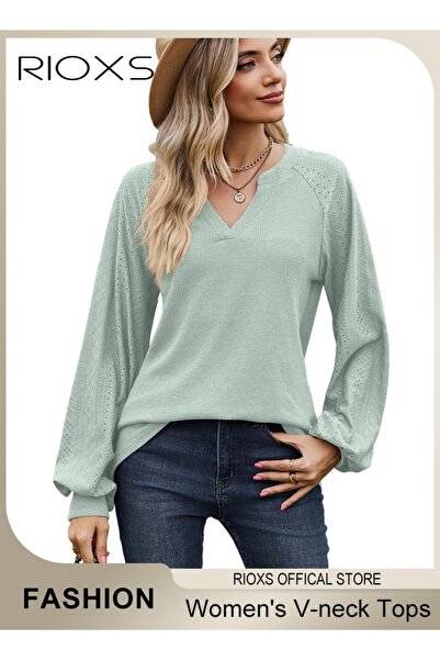 RIOXS Women's V-neck Tunic Tops, Long Sleeve Shirt Knitted Loose Sleeves Fitt...