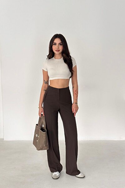 moda poni Women's Brown High Waist Classic Wide Leg Trousers