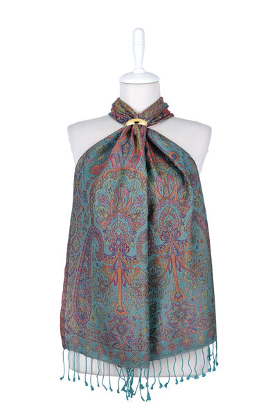 Bursa İpek Τυρκουάζ κίτρινο υφαντό μεταξωτό φουλάρι Τζαμάουαρ