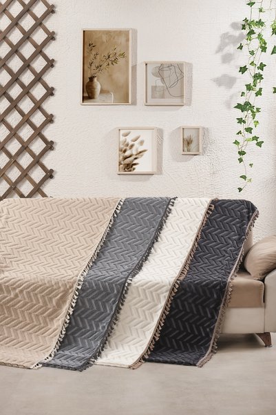 Loselya Tasseled Boho Sofa Cover - Chenille Textured Non-Slip Sofa Throw - Modern Chevron Patterned Cover