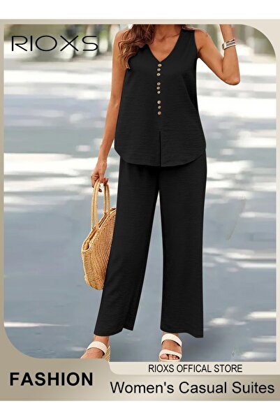 RIOXS Women's 2pcs Casual Suites Summer Linen Matching Sets V-neck Sleeveless...