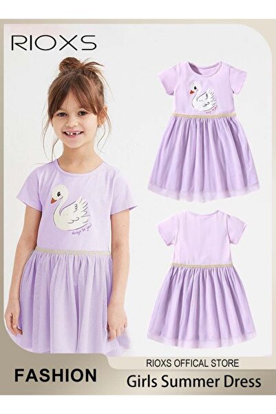 RIOXS Toddler Girls A-line Tutu Dress, Summer Round Neck Short Sleeve Tulle D...