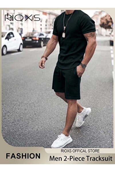 RIOXS طقم رياضي رجالي من قطعتين، قميص بأكمام قصيرة فضفاض وشورت، مناسب للجري و...
