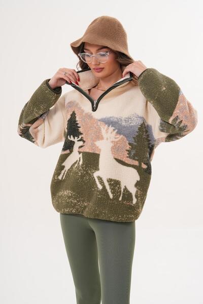 ŞİMAL Hanorac de pluș cu model și detaliu cu fermoar la guler pentru femei 25...