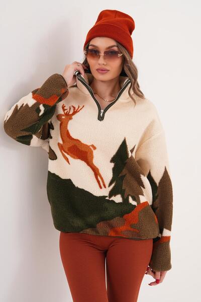 ŞİMAL Hanorac de pluș cu model și detaliu cu fermoar la guler pentru femei 25...