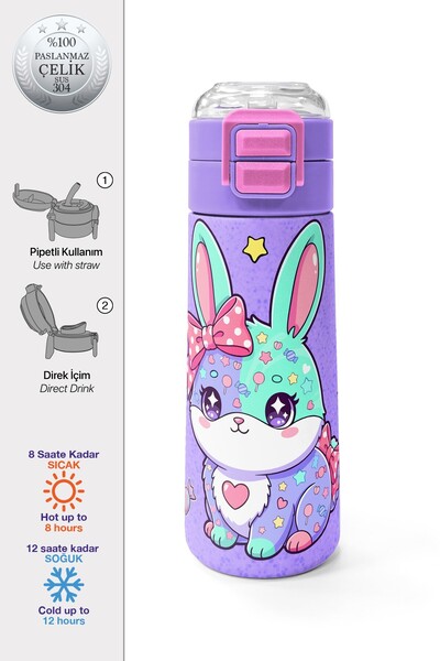 Coral High Kids Milka Su Yeşili Tavşan Desenli Pipetli ve Direkt İçim Çelik T...