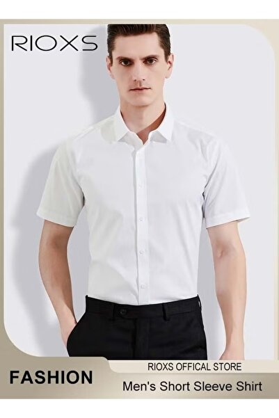 RIOXS قميص رجالي رسمي بأكمام قصيرة وأزرار أمامية، قصة ضيقة ، مصنوع من قماش سا...
