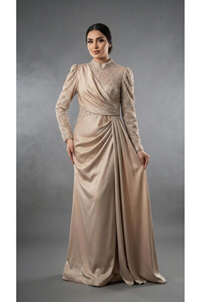 MİSS DİAMOND Satin Drape Detailed Slitless Mink Hijab Evening Dress