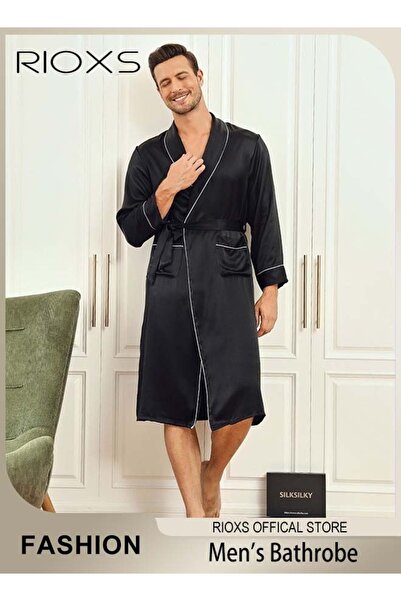 RIOXS روب رجالي من الساتان بأكمام طويلة، روب حمام كيمونو حريري خفيف الوزن برب...