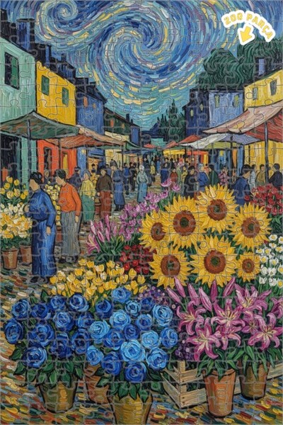 Teona Ahşap Van Gogh Yıldızlı Gece Pazarı Yağlı Boya Görünümlü Çift katlı Çer...