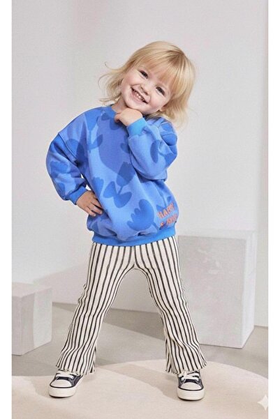 LUCCO Çizgili Pantolon Mavi Lale Desenli Sweatshirt İkili Takım