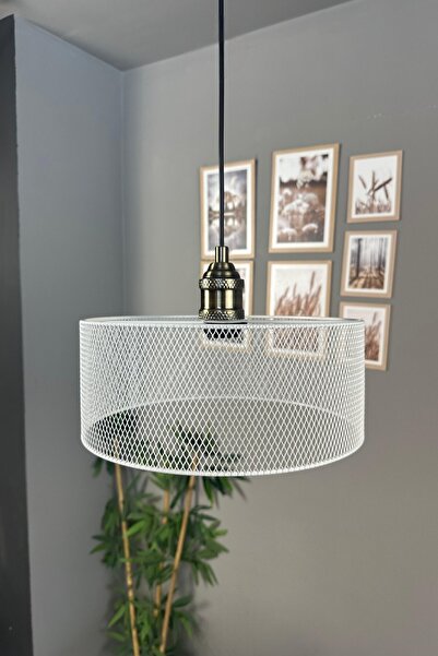 Bamyum Ferix Beyaz Metal Tel Örgü Silindir Lale Başlık Tekli Rustik E27 Sarkı...